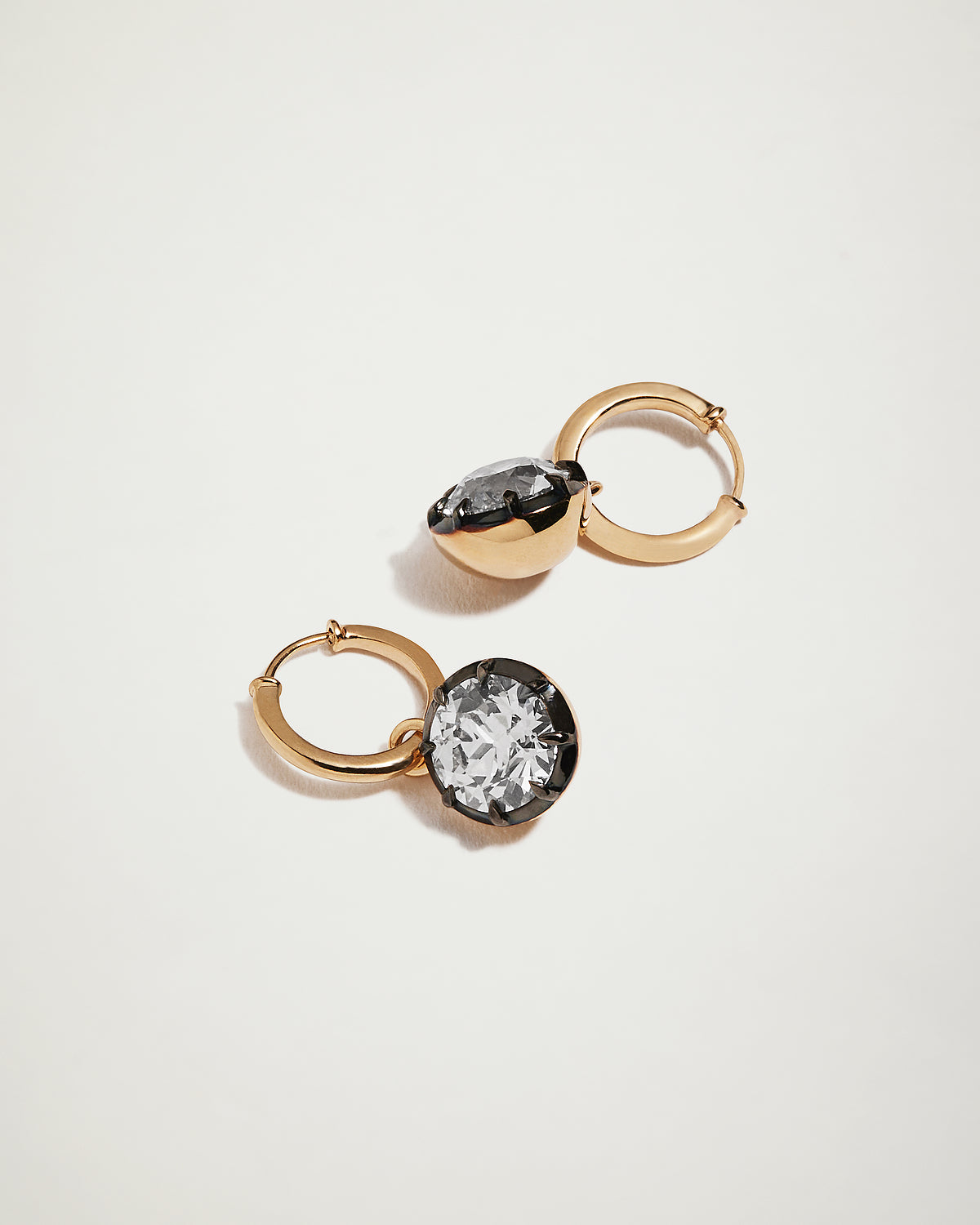 Old European Round Cut Diamond Hoop Earrings, Blackened 18k Yellow Gold