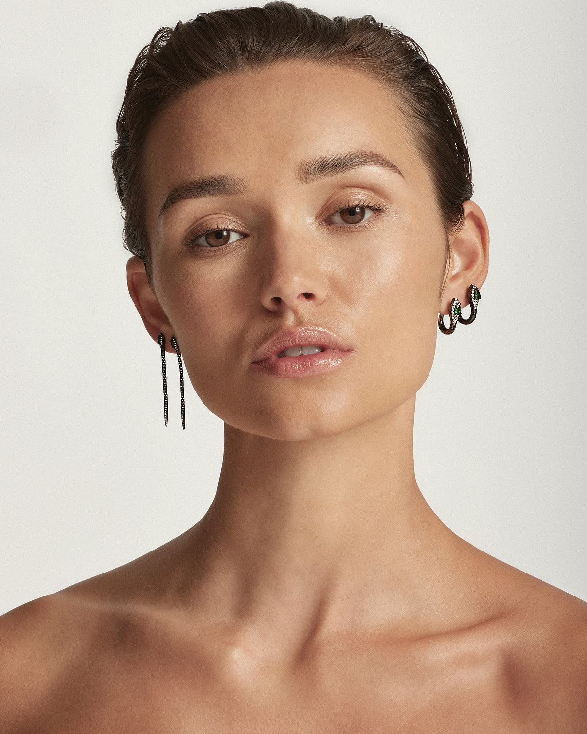Snake Emerald and Diamond Petite Hoop Earrings