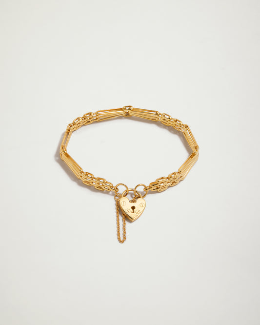Heart Padlock 3 Bar Fangate Forever Love Bracelet, YG