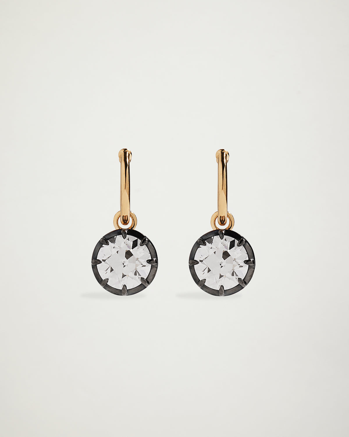 Old European Round Cut Diamond Hoop Earrings, Blackened 18k Yellow Gold