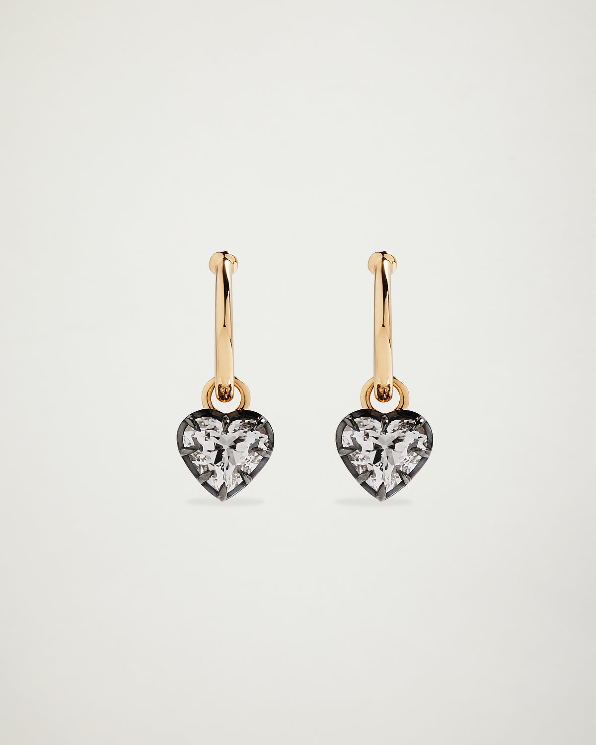 Old European Heart Diamond Hoop Earrings, Blackened 18k Yellow Gold