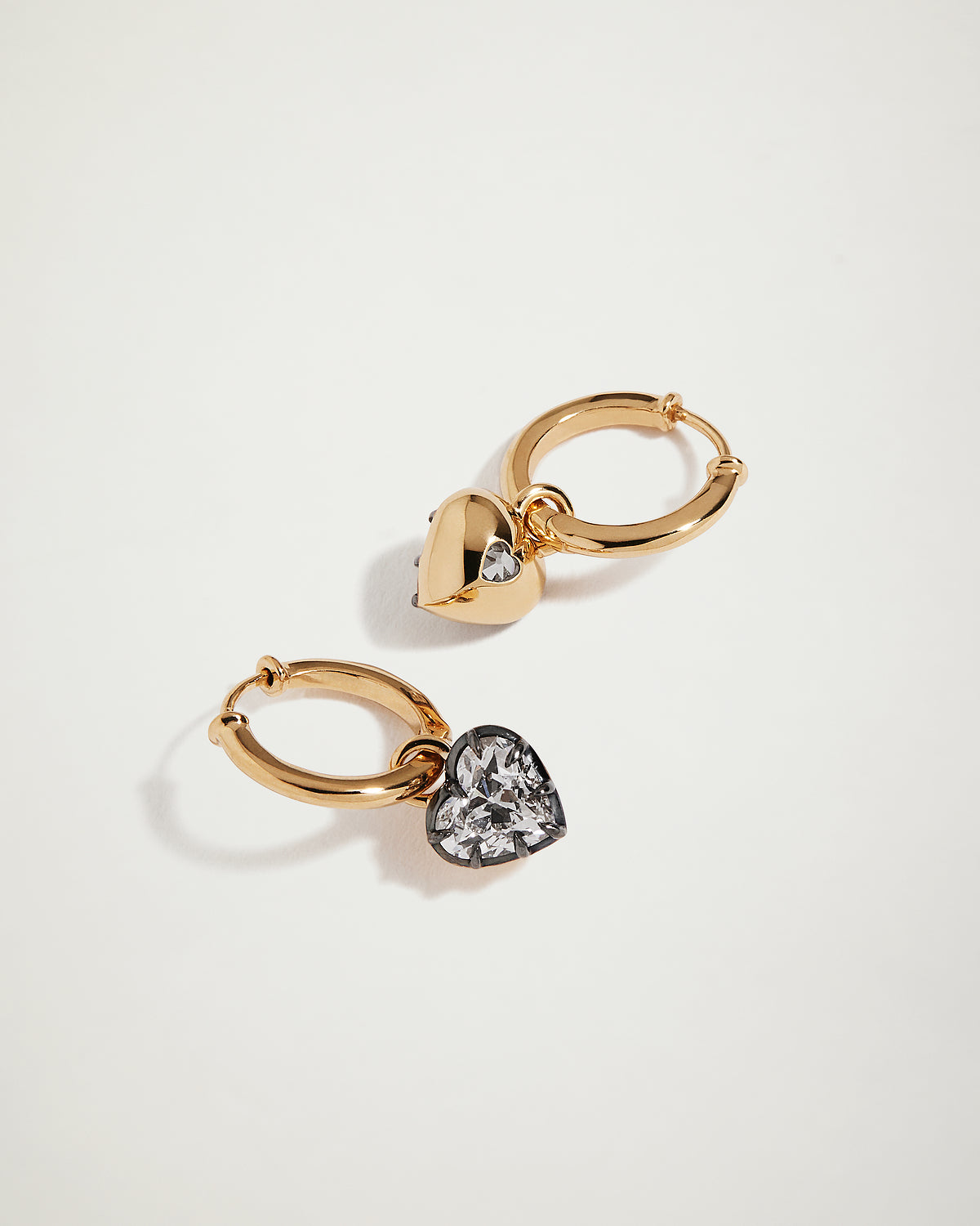 Old European Heart Diamond Hoop Earrings, Blackened 18k Yellow Gold